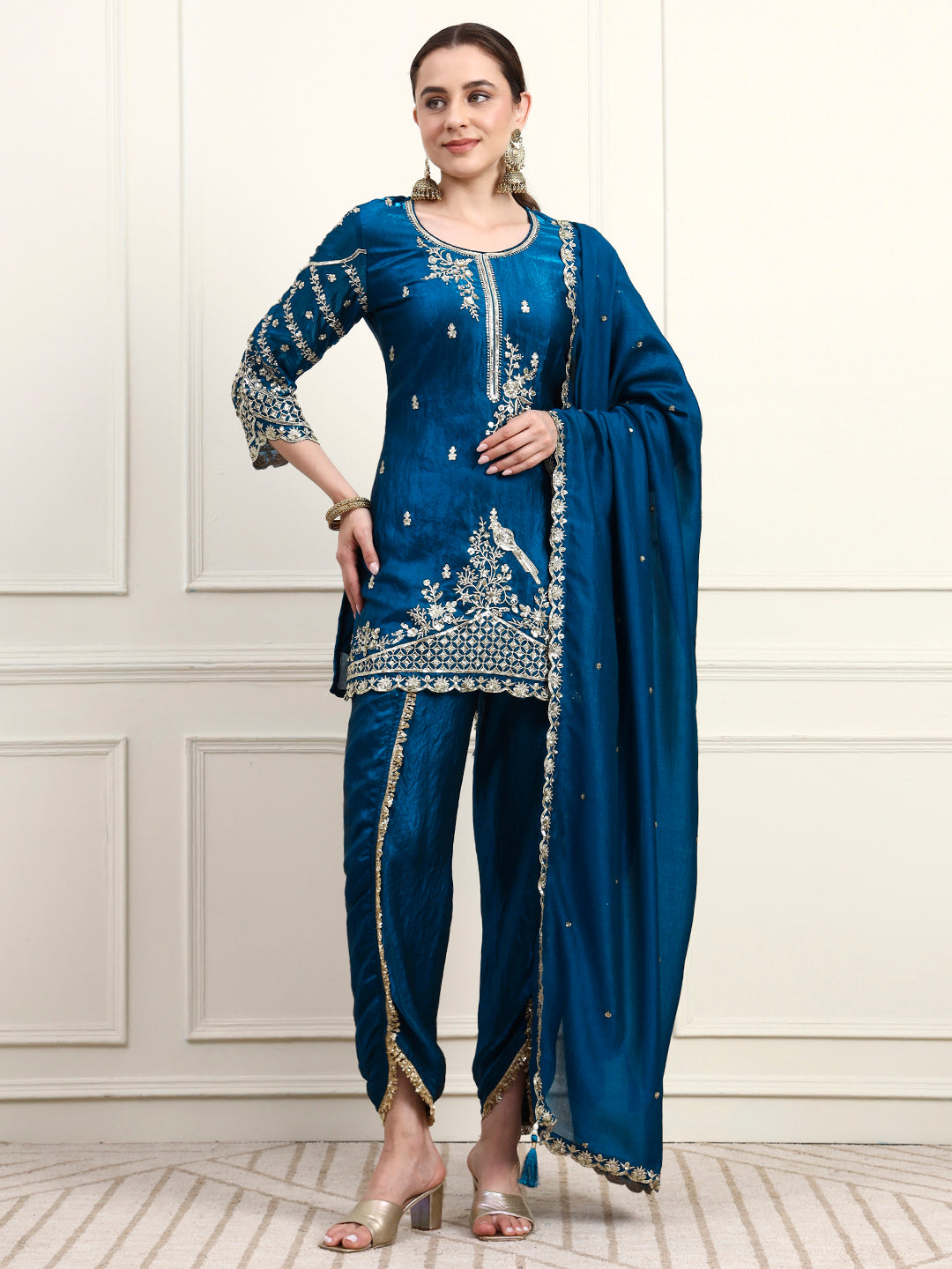 Embroidered Silk Women's Kurta, Dhoti & Dupatta Set