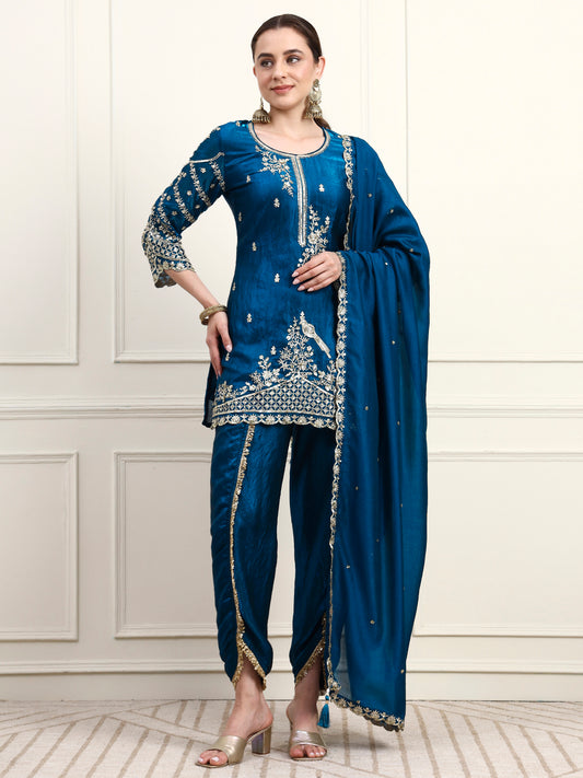 Embroidered Silk Women's Kurta, Dhoti & Dupatta Set