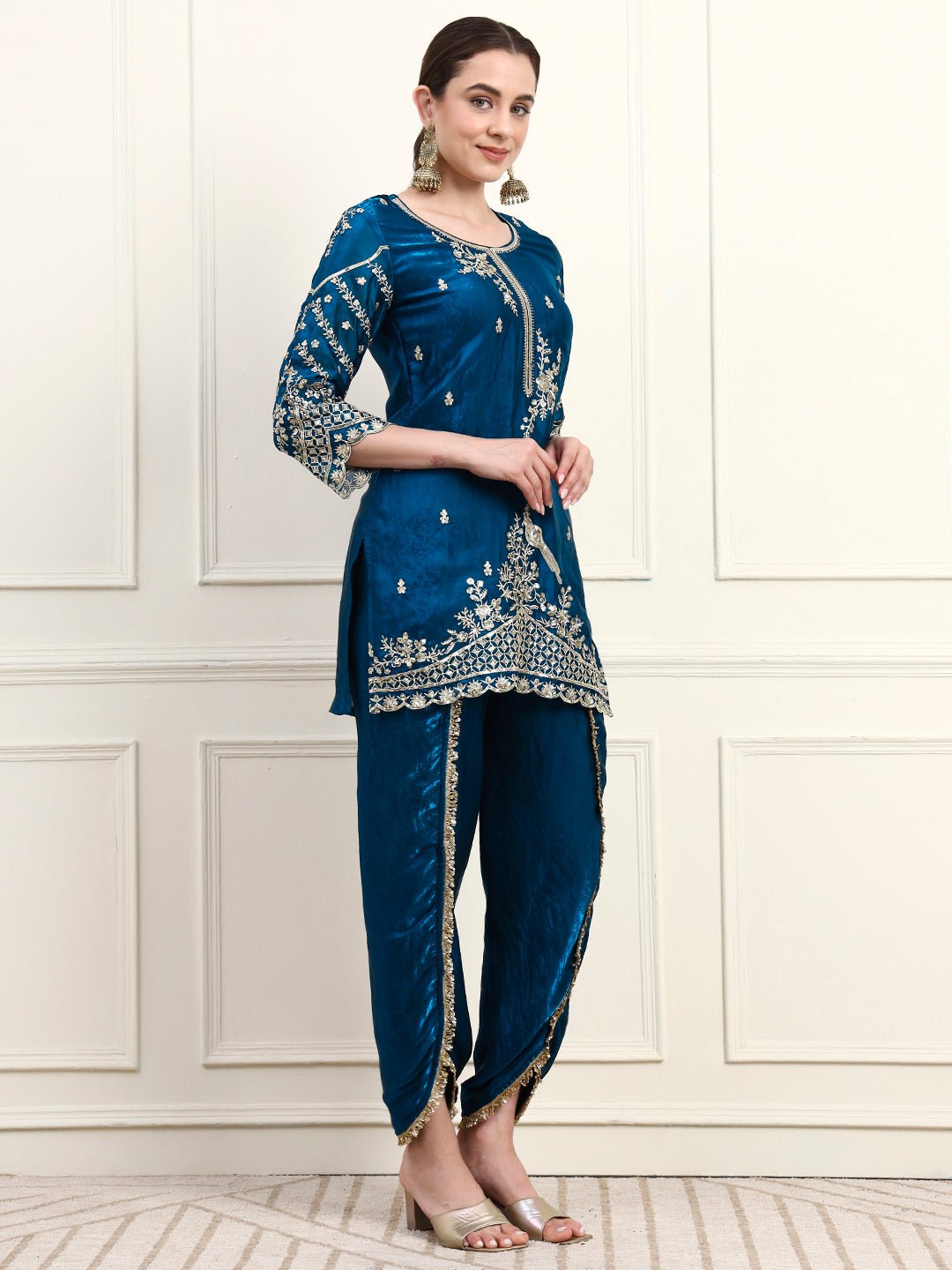 Embroidered Silk Women's Kurta, Dhoti & Dupatta Set