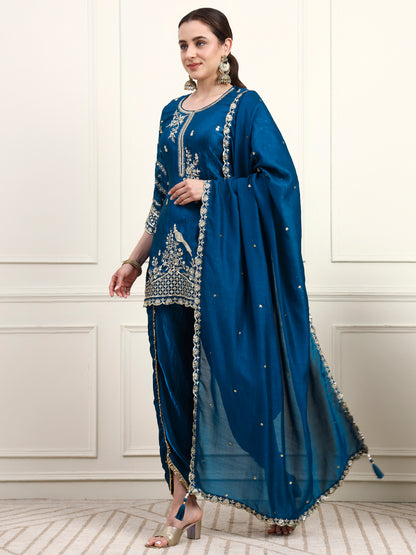 Embroidered Silk Women's Kurta, Dhoti & Dupatta Set