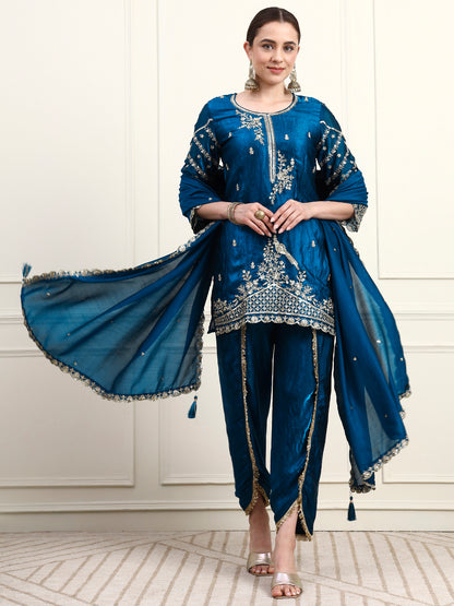 Embroidered Silk Women's Kurta, Dhoti & Dupatta Set