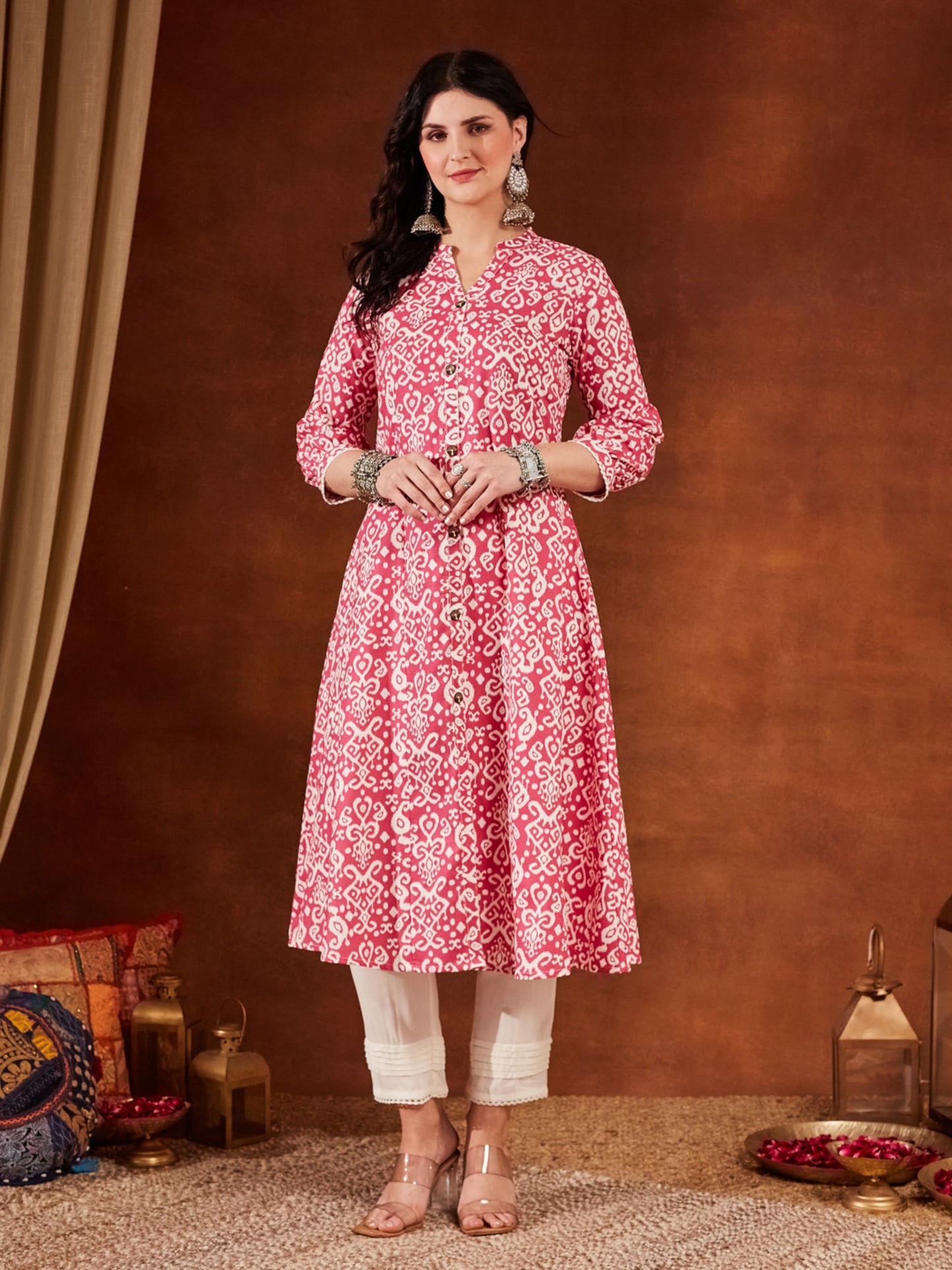 Pink Printed Cotton Women's Kurta and Pant Set