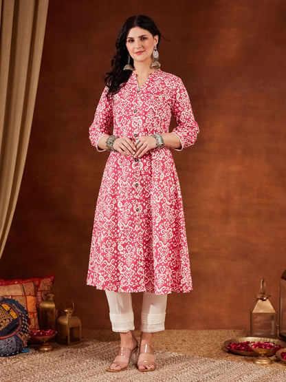 Pink Printed Cotton Women's Kurta and Pant Set