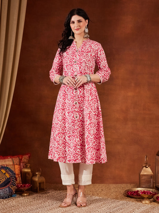 Pink Printed Cotton Women's Kurta and Pant Set
