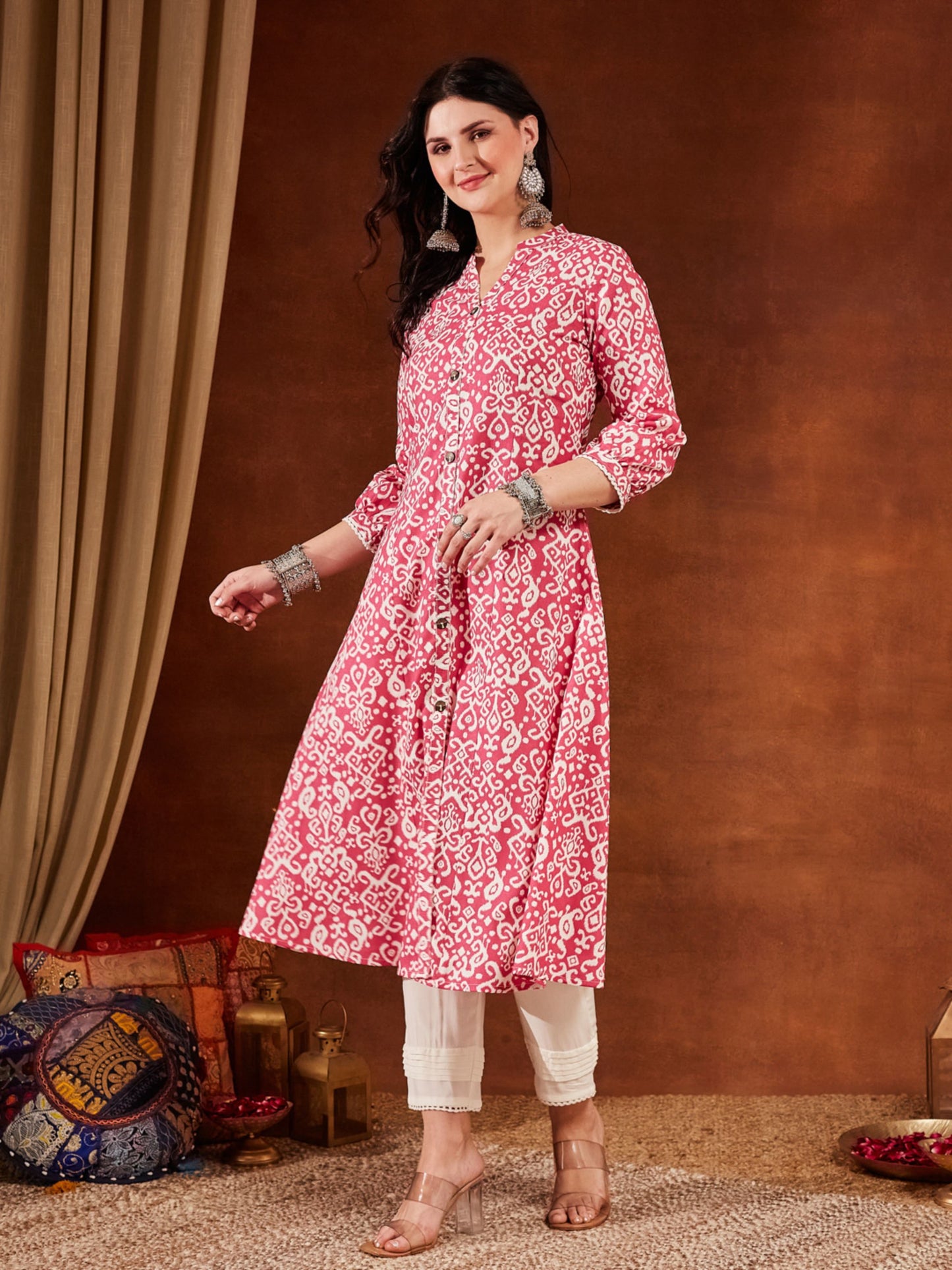 Pink Printed Cotton Women's Kurta and Pant Set