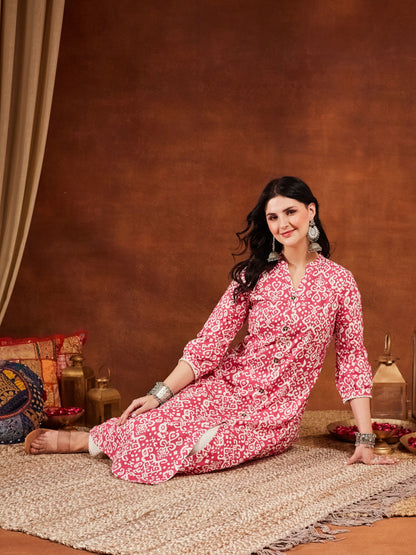 Pink Printed Cotton Women's Kurta and Pant Set