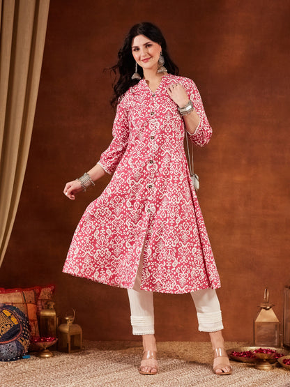 Pink Printed Cotton Women's Kurta and Pant Set