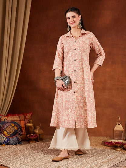 Pastel Pink Printed Cotton Women's Kurta and Palazzo Set