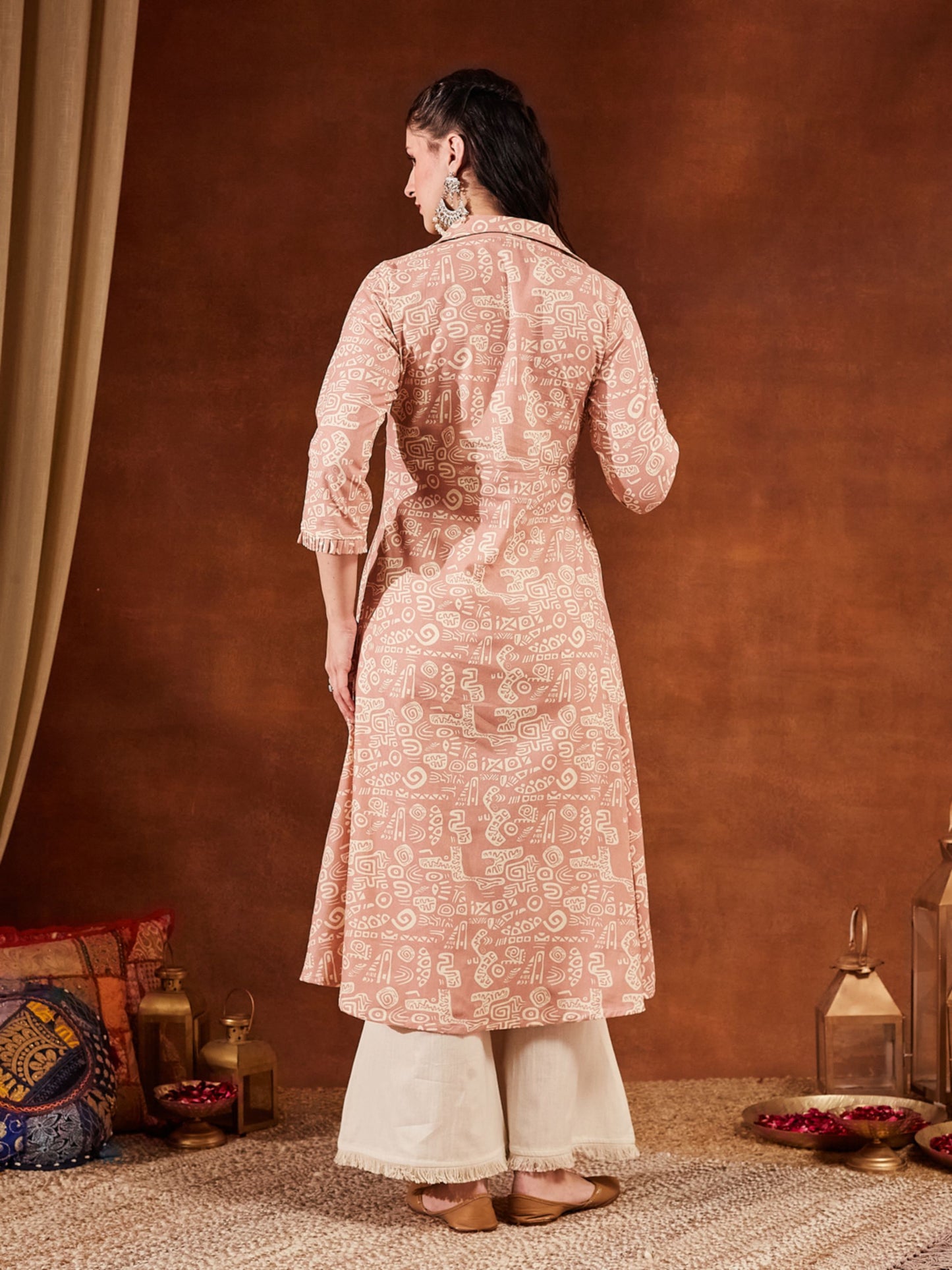 Pastel Pink Printed Cotton Women's Kurta and Palazzo Set