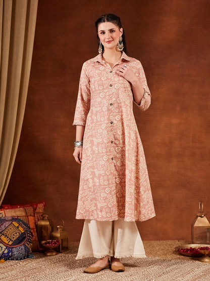 Pastel Pink Printed Cotton Women's Kurta and Palazzo Set