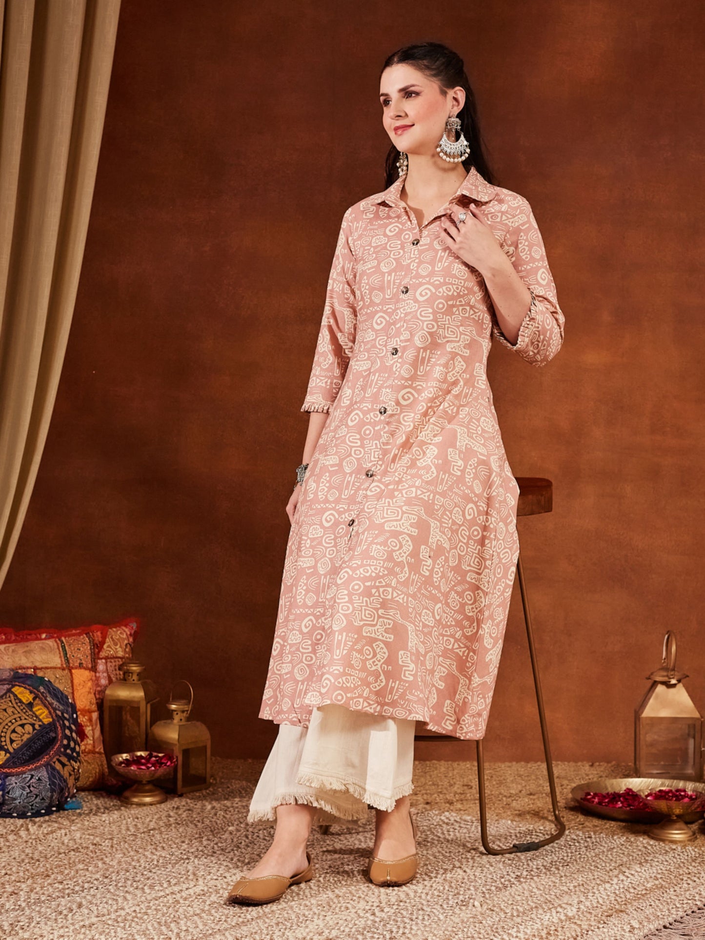 Pastel Pink Printed Cotton Women's Kurta and Palazzo Set