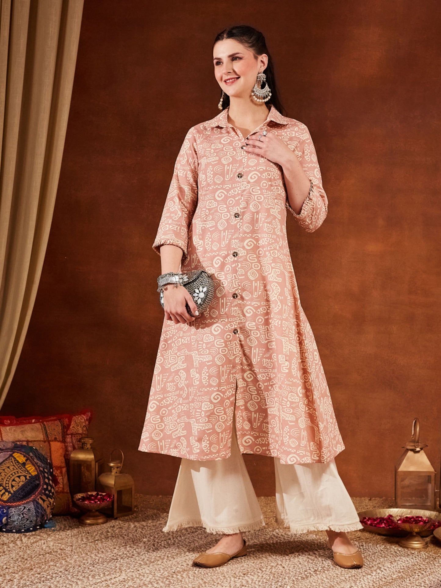 Pastel Pink Printed Cotton Women's Kurta and Palazzo Set