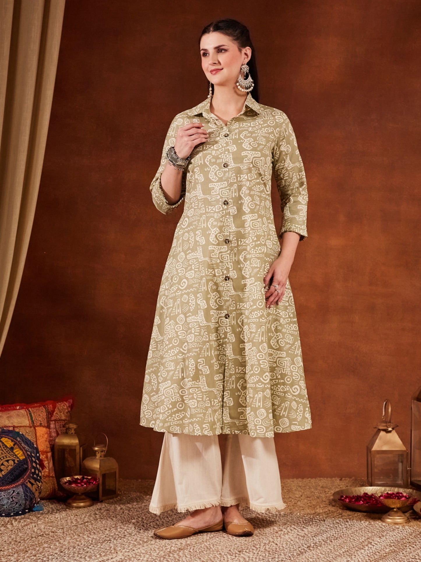 Pastel Pink Printed Cotton Women's Kurta and Palazzo Set