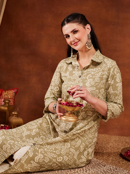 Pastel Pink Printed Cotton Women's Kurta and Palazzo Set