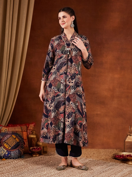 Blue Printed Rayon Women's Kurta and Pant Set