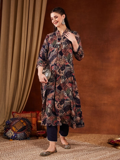 Blue Printed Rayon Women's Kurta and Pant Set