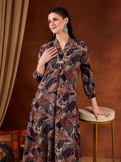 Blue Printed Rayon Women's Kurta and Pant Set