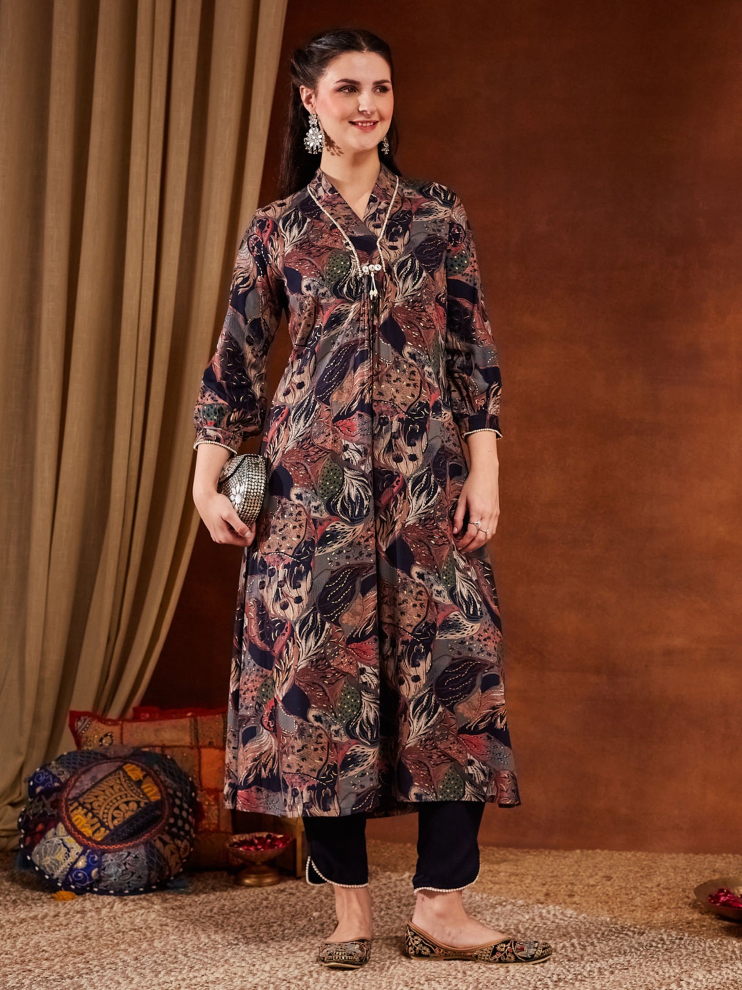 Blue Printed Rayon Women's Kurta and Pant Set