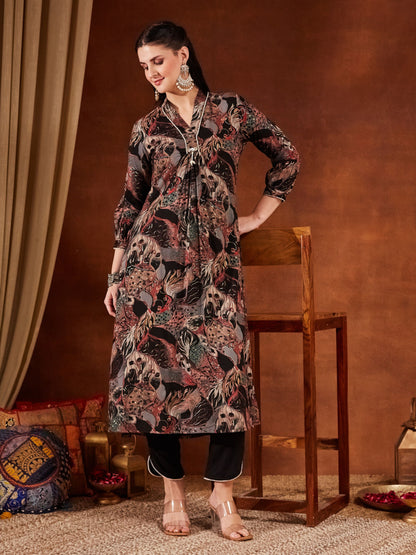 Blue Printed Rayon Women's Kurta and Pant Set