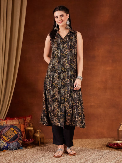 Black Yellow Printed Rayon Women's Kurta and Pant Set