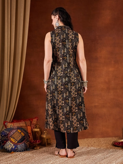 Black Yellow Printed Rayon Women's Kurta and Pant Set