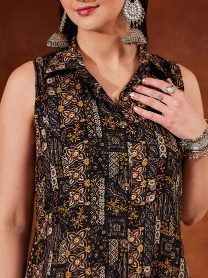 Black Yellow Printed Rayon Women's Kurta and Pant Set
