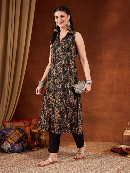 Black Yellow Printed Rayon Women's Kurta and Pant Set