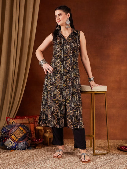 Black Yellow Printed Rayon Women's Kurta and Pant Set