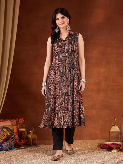 Black Yellow Printed Rayon Women's Kurta and Pant Set
