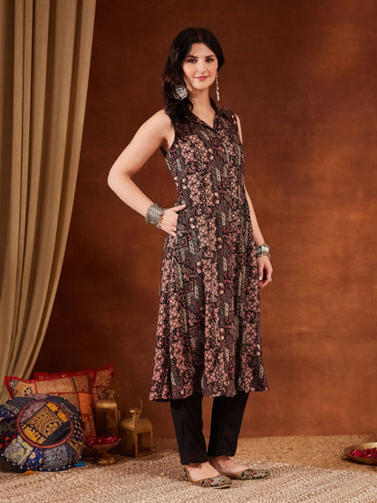 Black Yellow Printed Rayon Women's Kurta and Pant Set