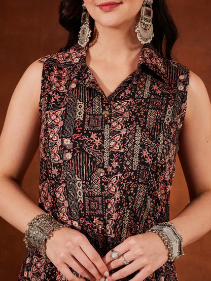 Black Yellow Printed Rayon Women's Kurta and Pant Set