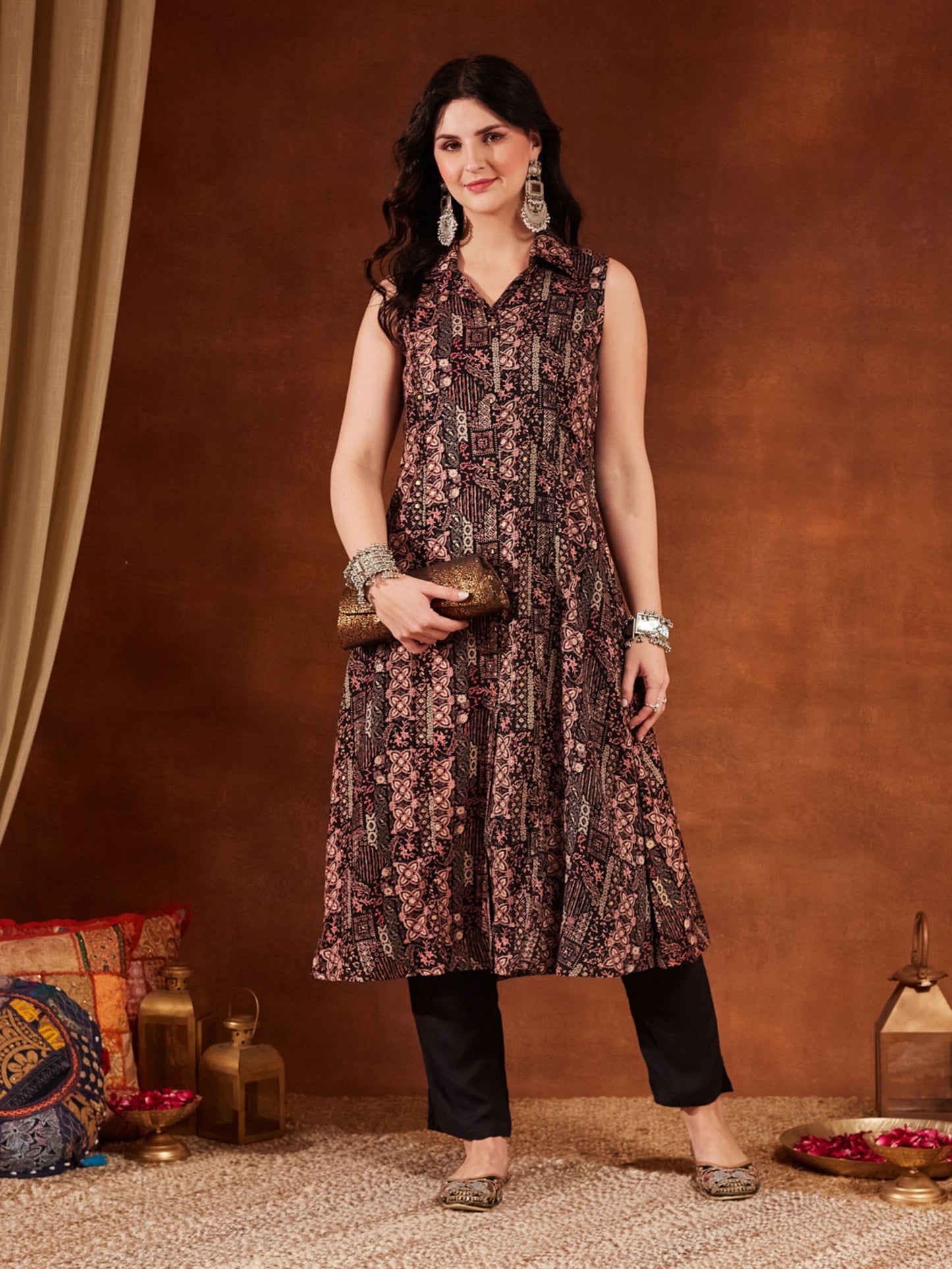 Black Yellow Printed Rayon Women's Kurta and Pant Set