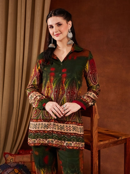 Green Printed Rayon Women's Kurta and Palazzo Set