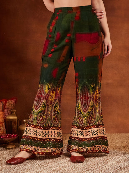 Green Printed Rayon Women's Kurta and Palazzo Set