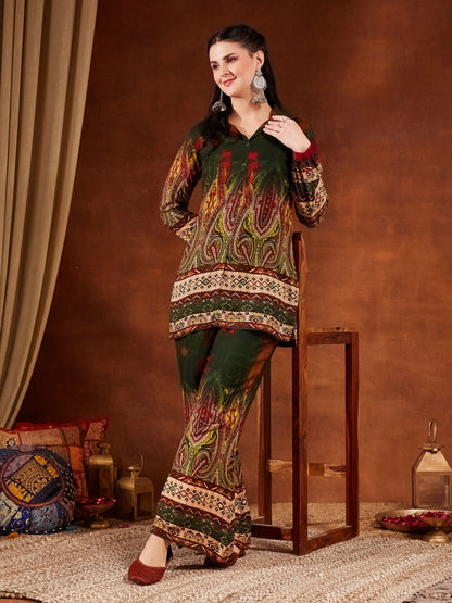 Green Printed Rayon Women's Kurta and Palazzo Set