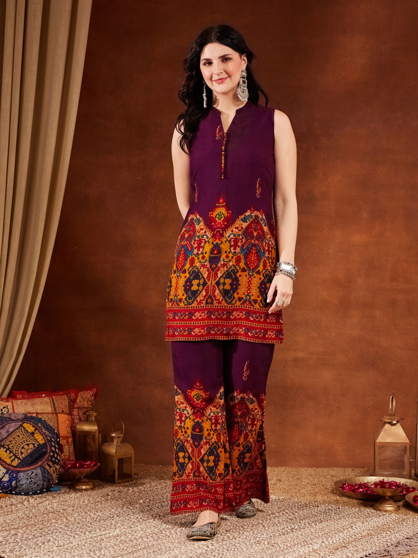Purple Printed Rayon Women's Kurta and Palazzo Set