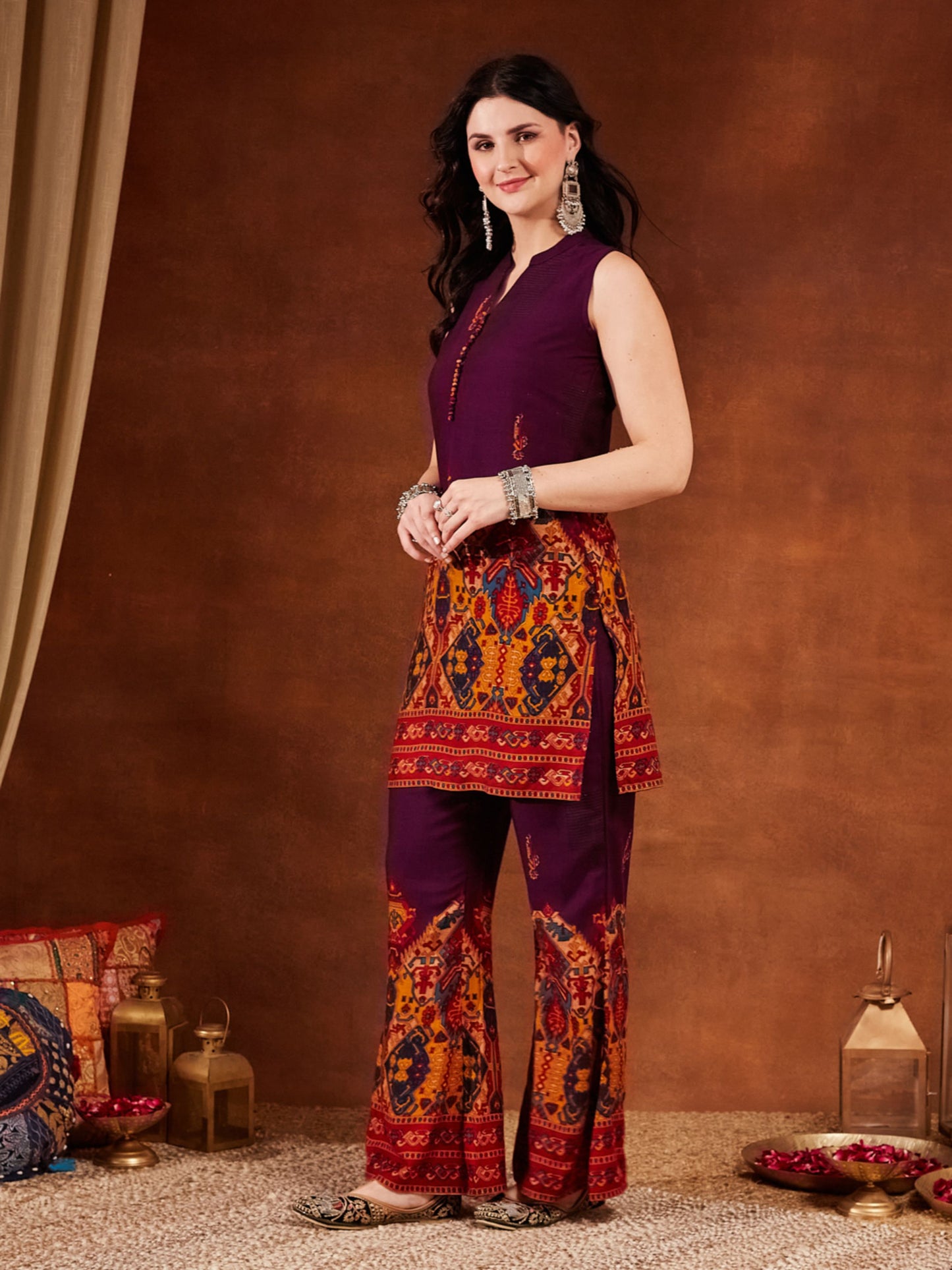 Purple Printed Rayon Women's Kurta and Palazzo Set