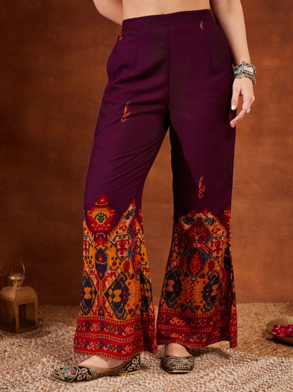 Purple Printed Rayon Women's Kurta and Palazzo Set