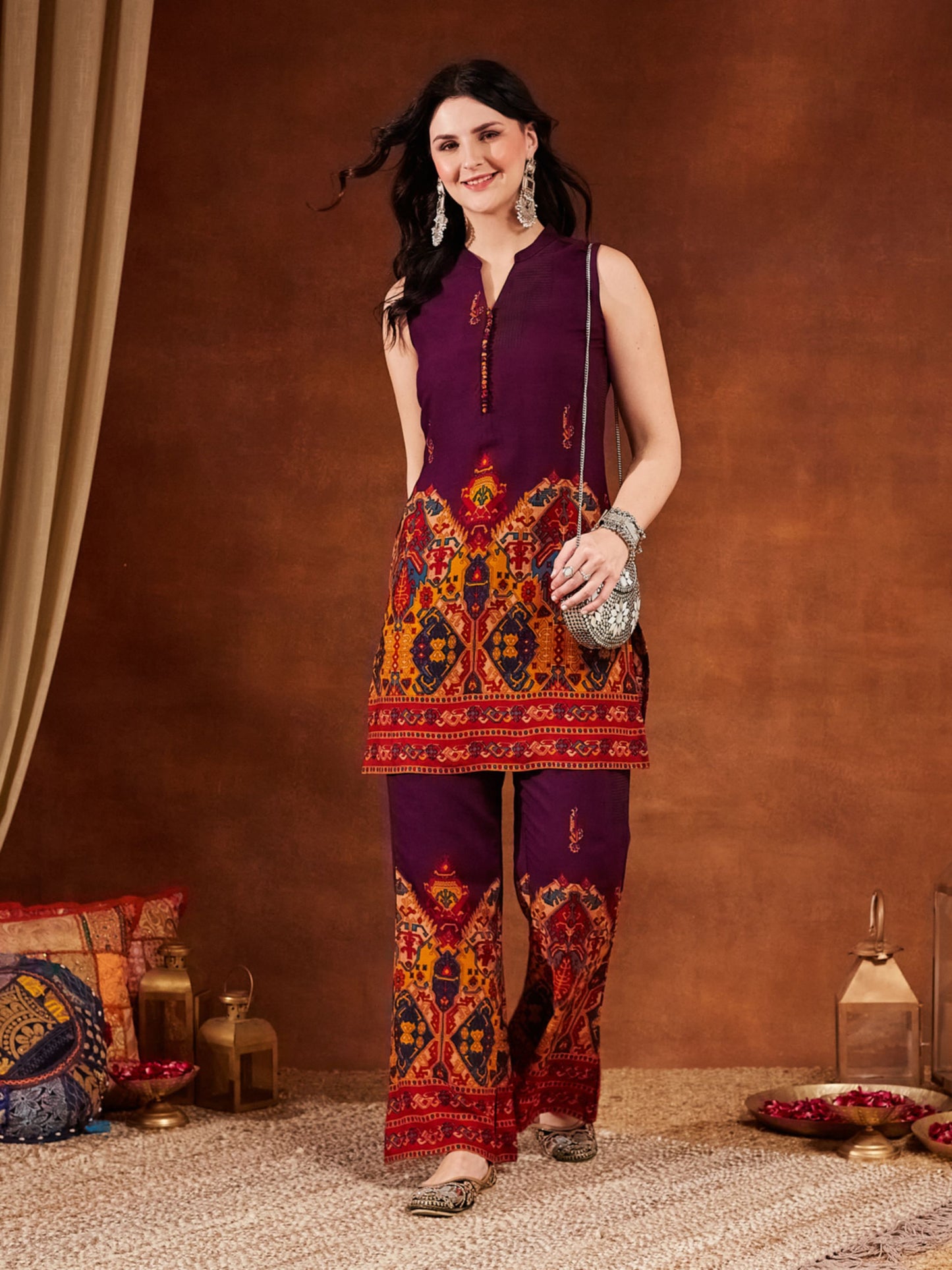 Purple Printed Rayon Women's Kurta and Palazzo Set