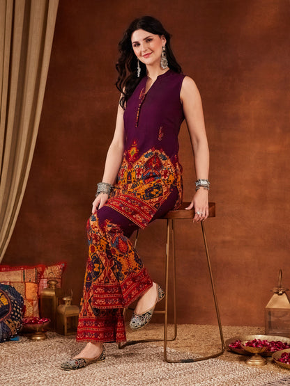 Purple Printed Rayon Women's Kurta and Palazzo Set