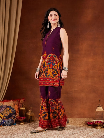 Purple Printed Rayon Women's Kurta and Palazzo Set