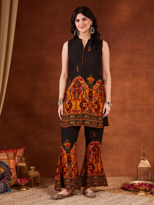 Black Printed Rayon Women's Kurta and Palazzo Set