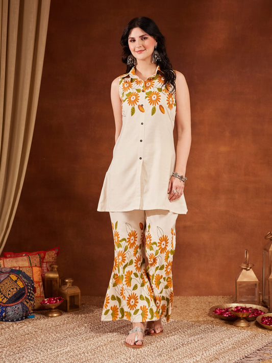 Off White Printed Cotton Women's Kurta and Palazzo Set