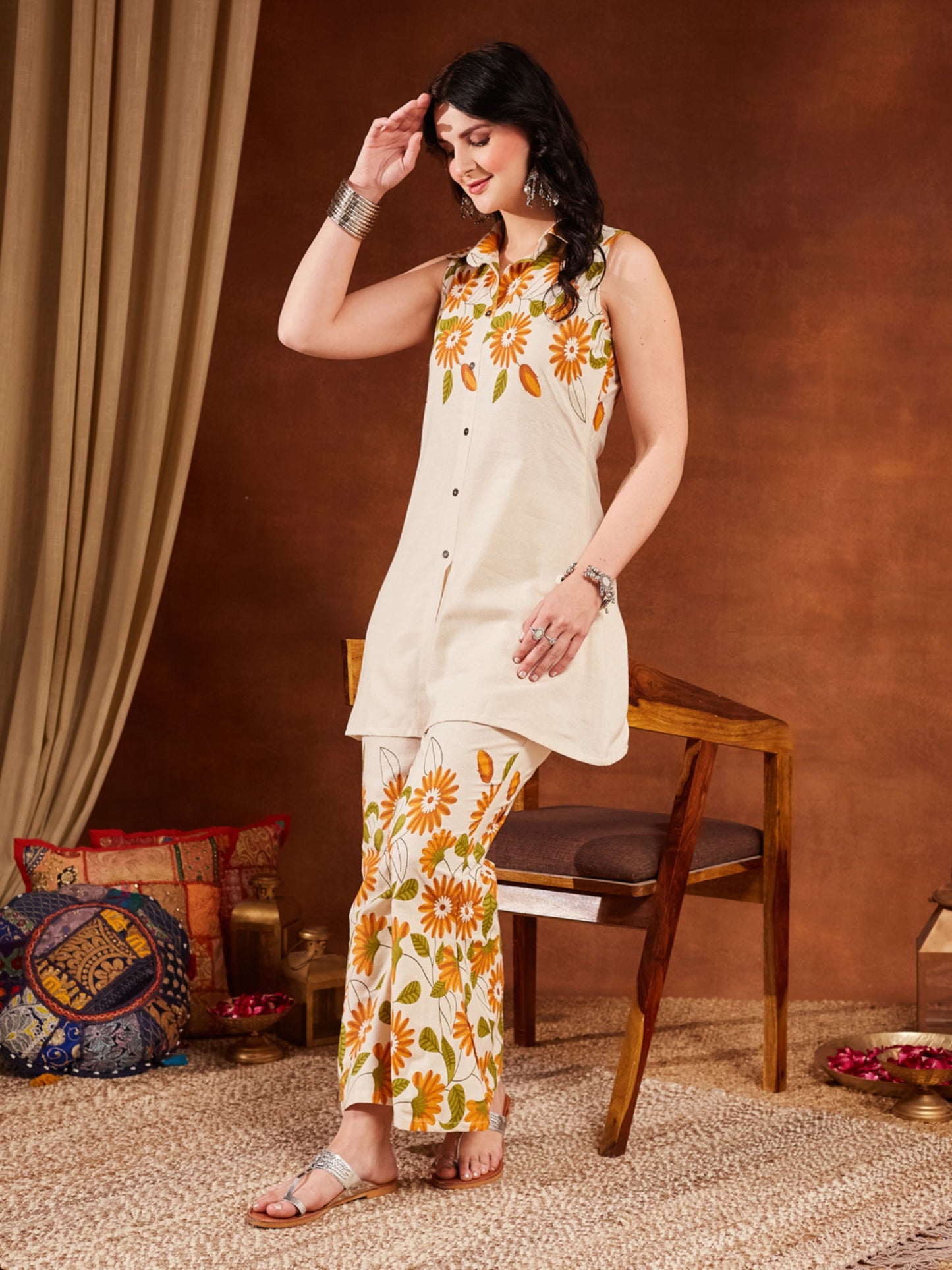 Off White Printed Cotton Women's Kurta and Palazzo Set