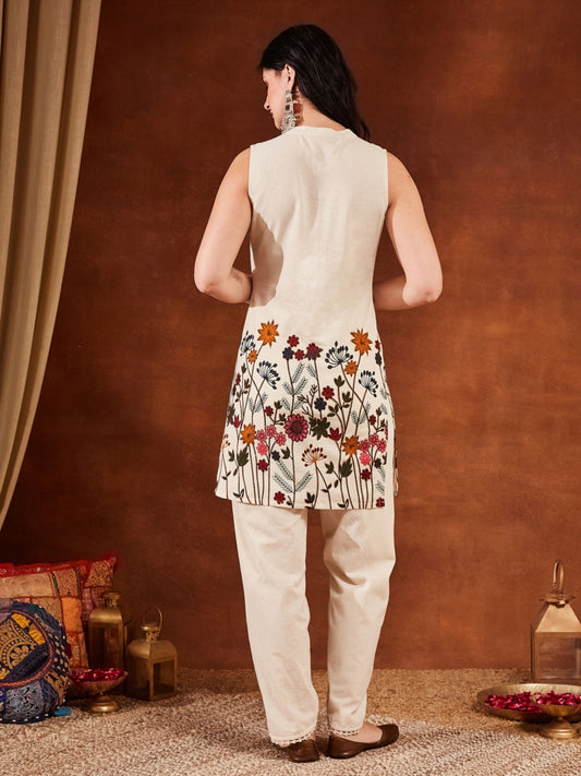 Off White Printed Cotton Women's Top and Dhoti Pant Set