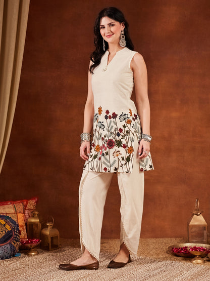 Off White Printed Cotton Women's Top and Dhoti Pant Set