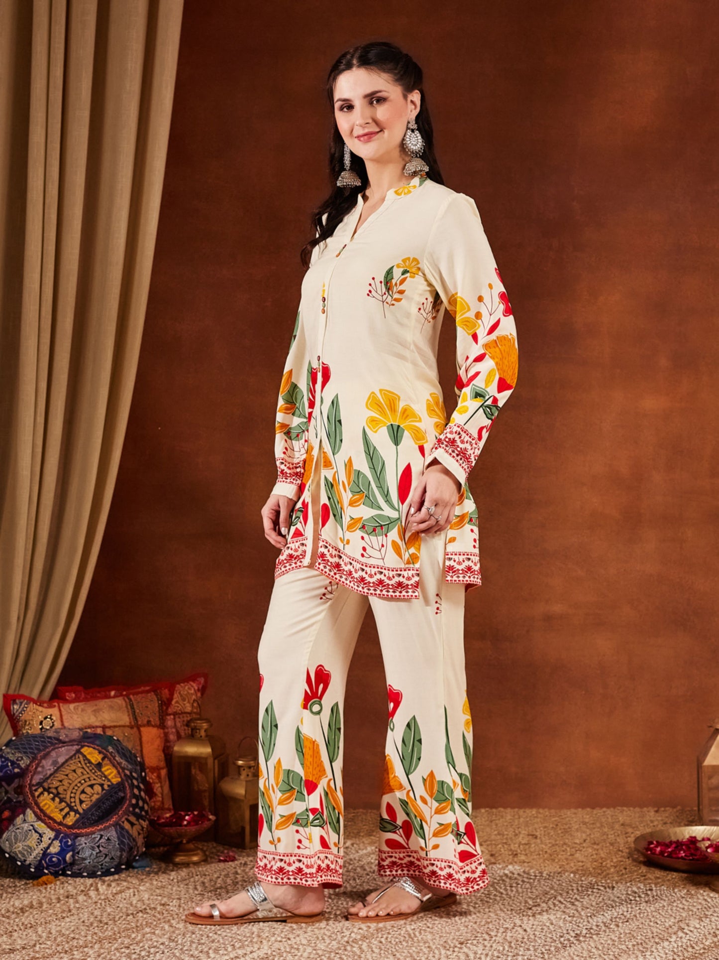 Yellow Printed Rayon Women's Top and Palazzo Set