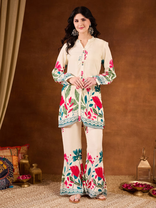 Pink Printed Rayon Women's Top and Palazzo Set