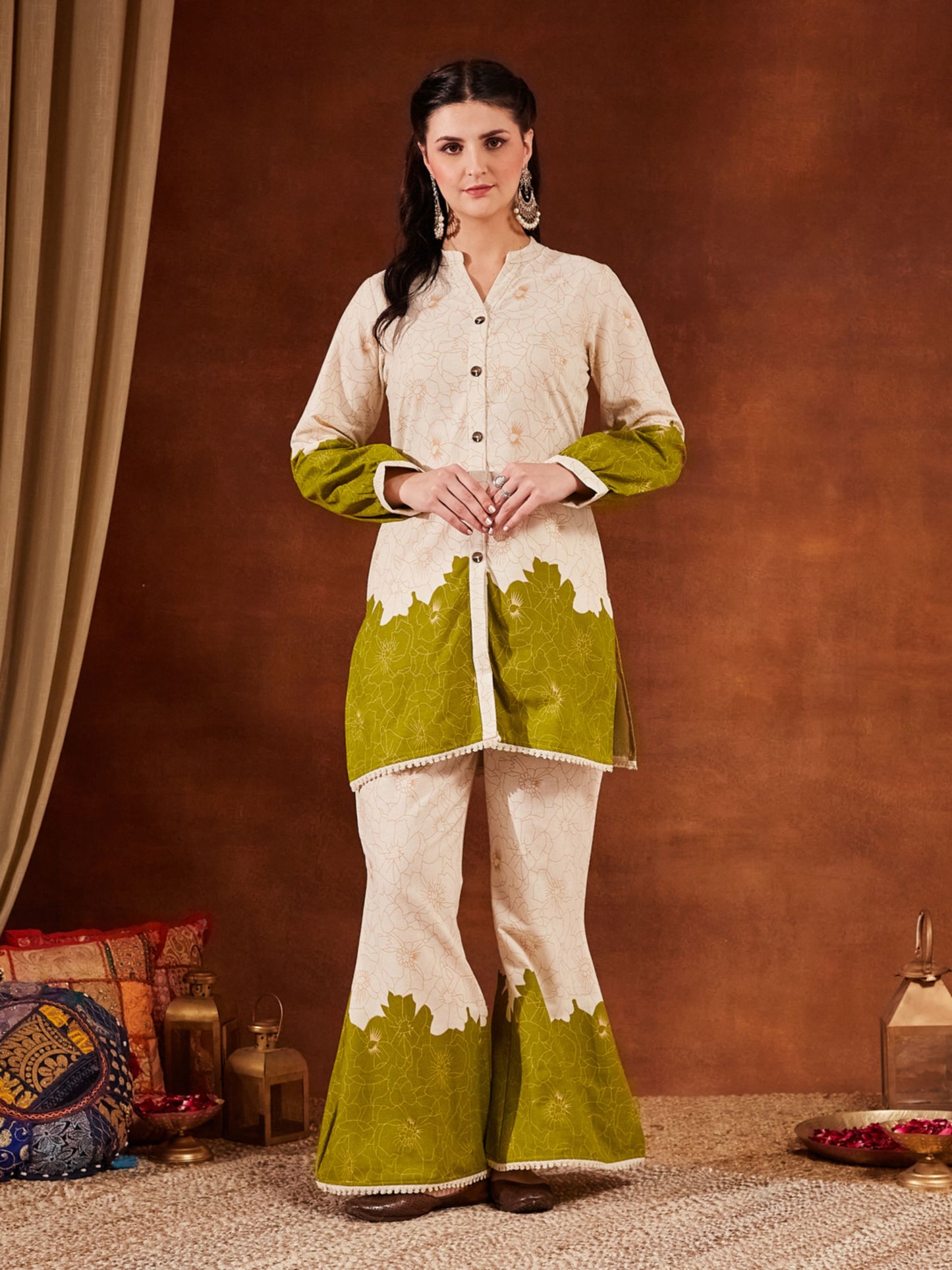 Green Printed Cotton Women's Top and Palazzo Set