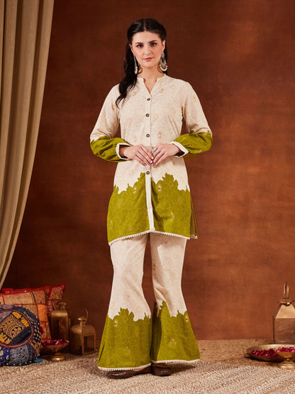 Green Printed Cotton Women's Top and Palazzo Set